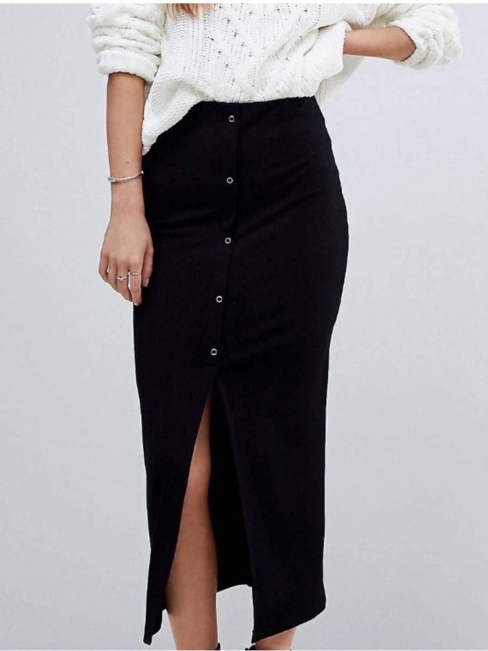 Black ASOS Ribbed Pencil Skirt w/Faux Snap Embellishments with Front Slit-Size 6